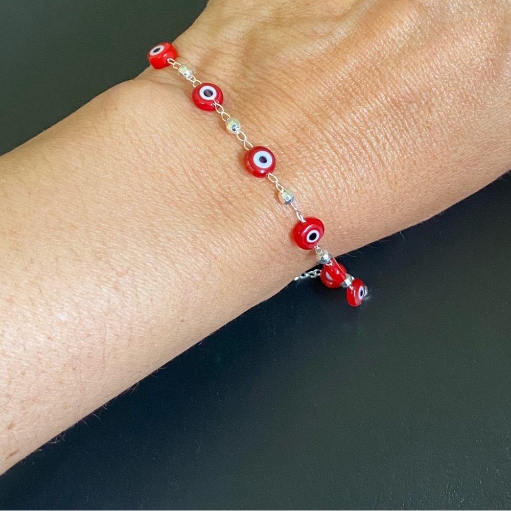 Dainty Sterling Silver Red Evil Eye Protection Bracelet Plata Solida